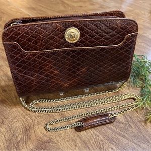 Albert Nipon Vintage Brown Quilted Leather Zipper gold tone chain Crossbody